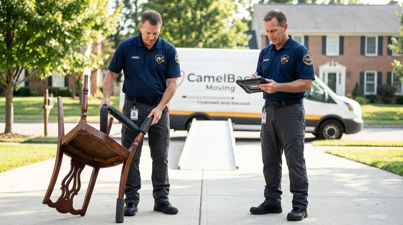 Movers inspecting furniture for damage prevention before loading in Electra, TX